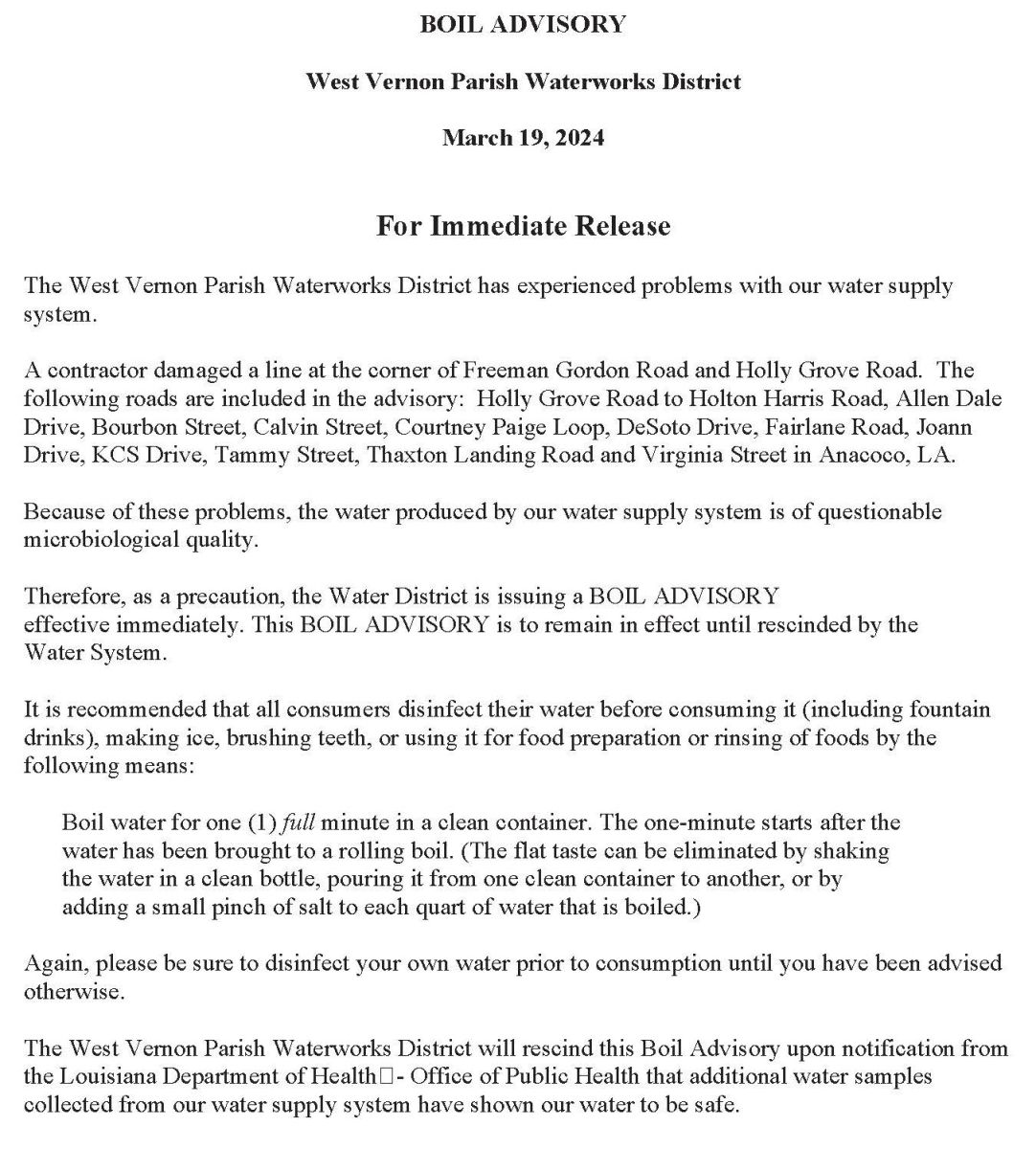 Recent News West Vernon Parish Waterworks District